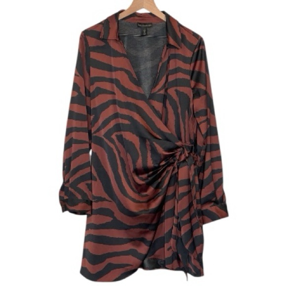 House of Harlow 1960 Brown and Black Zebra Print Long Sleeve Mini Dress, Size L - Picture 2 of 15